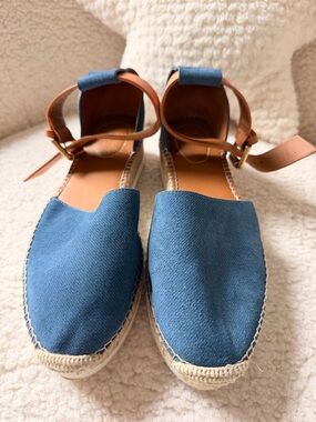 See By Chloé Blue Canvas Espadrille Sandals with Tan Leather Ankle Strap